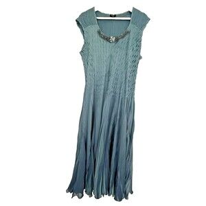 KOMAROV Teal Blue Green Charmeuse‎ Chiffon romantic Travel Midi Dress  XL